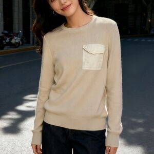 Frank & Oak Cream Knit Sweater M 100% Cotton Pocket Crewneck Minimalist Top